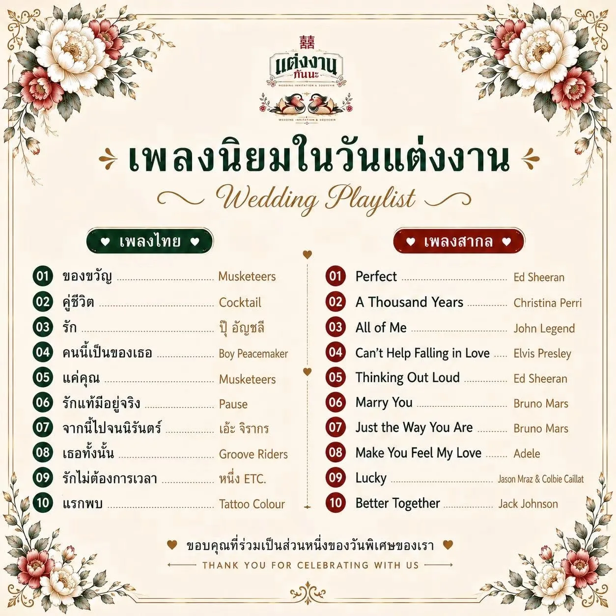 เพลงนิยมในวันแต่งงาน 20 เพลงไทย–สากล